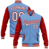 Custom Light Blue White-Red Bomber Full-Snap Varsity Letterman Two Tone Jacket