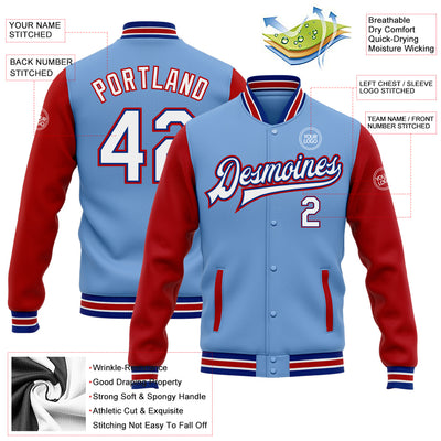 Custom Light Blue White Royal-Red Bomber Full-Snap Varsity Letterman Two Tone Jacket