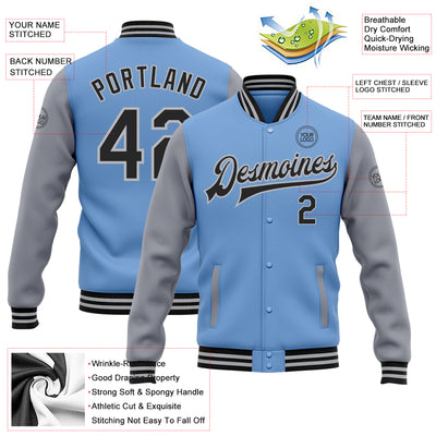 Custom Light Blue Black-Gray Bomber Full-Snap Varsity Letterman Two Tone Jacket