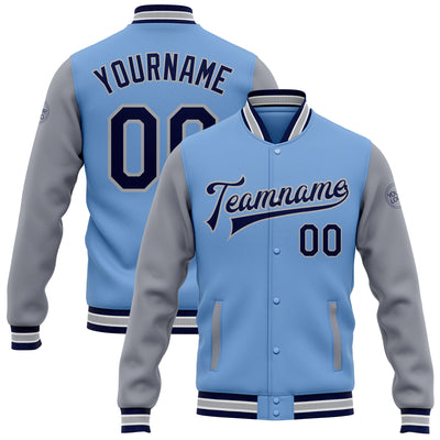 Custom Light Blue Navy-Gray Bomber Full-Snap Varsity Letterman Two Tone Jacket