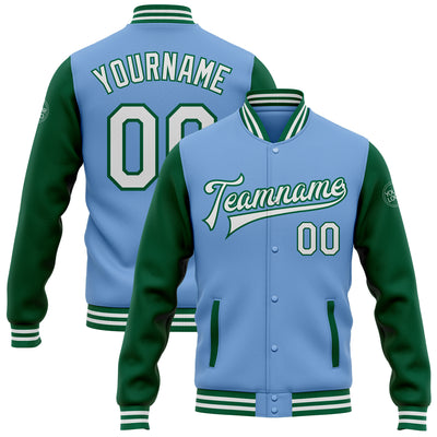 Custom Light Blue White-Kelly Green Bomber Full-Snap Varsity Letterman Two Tone Jacket