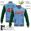 Custom Light Blue Red-Kelly Green Bomber Full-Snap Varsity Letterman Two Tone Jacket