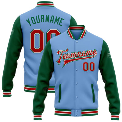 Custom Light Blue Red-Kelly Green Bomber Full-Snap Varsity Letterman Two Tone Jacket