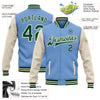 Custom Light Blue Green-Cream Bomber Full-Snap Varsity Letterman Two Tone Jacket