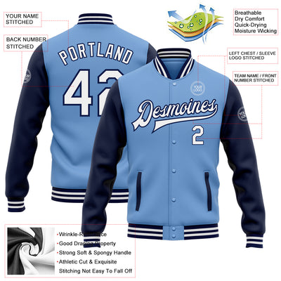 Custom Light Blue White-Navy Bomber Full-Snap Varsity Letterman Two Tone Jacket