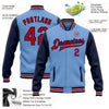 Custom Light Blue Red-Navy Bomber Full-Snap Varsity Letterman Two Tone Jacket