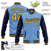 Custom Light Blue Gold-Navy Bomber Full-Snap Varsity Letterman Two Tone Jacket