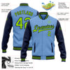 Custom Light Blue Neon Green-Navy Bomber Full-Snap Varsity Letterman Two Tone Jacket