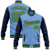 Custom Light Blue Neon Green-Navy Bomber Full-Snap Varsity Letterman Two Tone Jacket