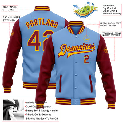 Custom Light Blue Crimson-Gold Bomber Full-Snap Varsity Letterman Two Tone Jacket