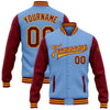 Custom Light Blue Crimson-Gold Bomber Full-Snap Varsity Letterman Two Tone Jacket