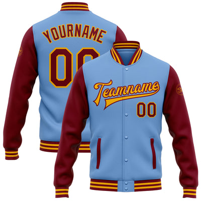 Custom Light Blue Crimson-Gold Bomber Full-Snap Varsity Letterman Two Tone Jacket