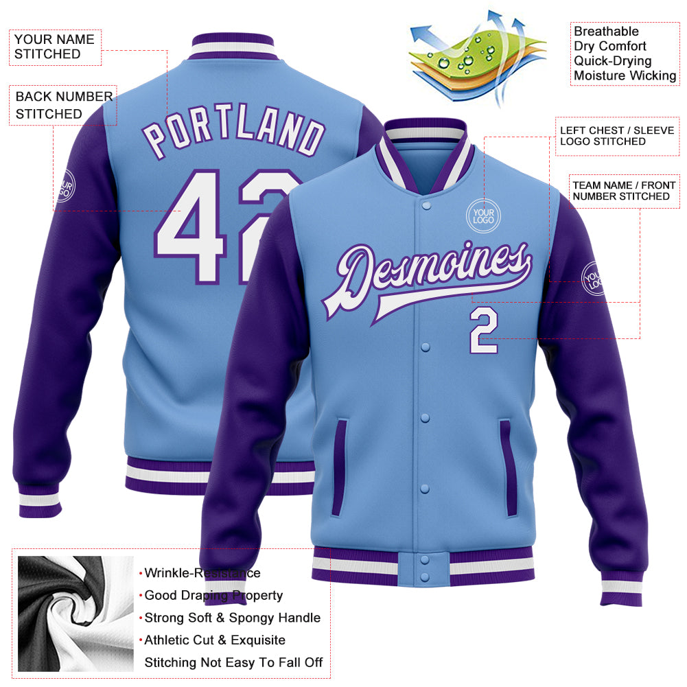 Custom Light Blue White-Purple Bomber Full-Snap Varsity Letterman Two Tone Jacket