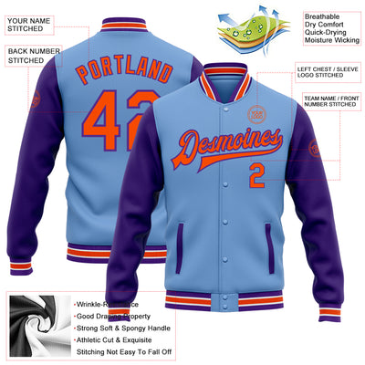 Custom Light Blue Orange-Purple Bomber Full-Snap Varsity Letterman Two Tone Jacket