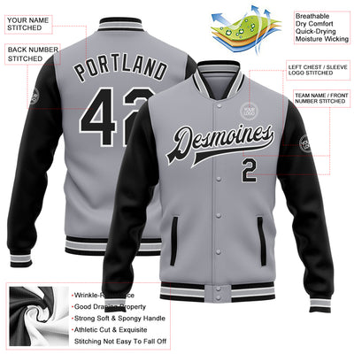 Custom Gray Black-White Bomber Full-Snap Varsity Letterman Two Tone Jacket