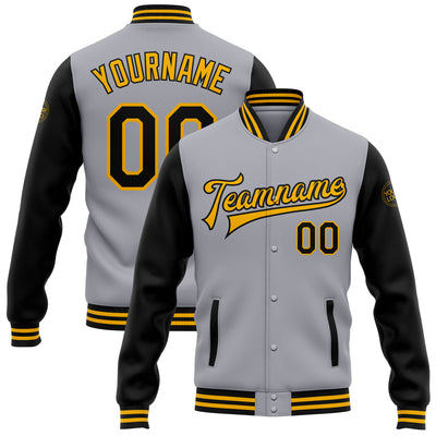 Custom Gray Black-Gold Bomber Full-Snap Varsity Letterman Two Tone Jacket