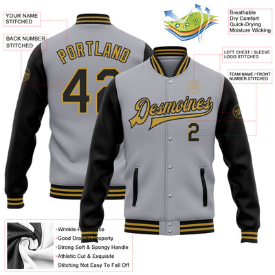 Custom Gray Black-Old Gold Bomber Full-Snap Varsity Letterman Two Tone Jacket