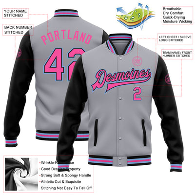 Custom Gray Pink Black-Light Blue Bomber Full-Snap Varsity Letterman Two Tone Jacket