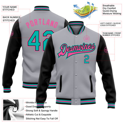 Custom Gray Aqua Black-Pink Bomber Full-Snap Varsity Letterman Two Tone Jacket