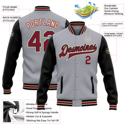 Custom Gray Crimson Black-City Cream Bomber Full-Snap Varsity Letterman Two Tone Jacket