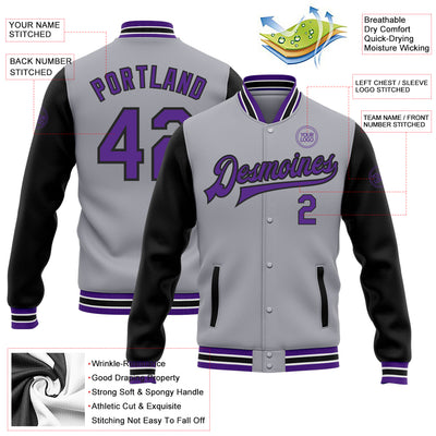 Custom Gray Purple-Black Bomber Full-Snap Varsity Letterman Two Tone Jacket