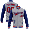 Custom Gray Red-Royal Bomber Full-Snap Varsity Letterman Two Tone Jacket