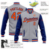 Custom Gray Orange-Royal Bomber Full-Snap Varsity Letterman Two Tone Jacket