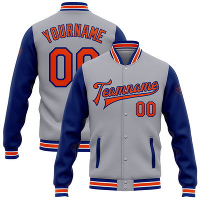 Custom Gray Orange-Royal Bomber Full-Snap Varsity Letterman Two Tone Jacket