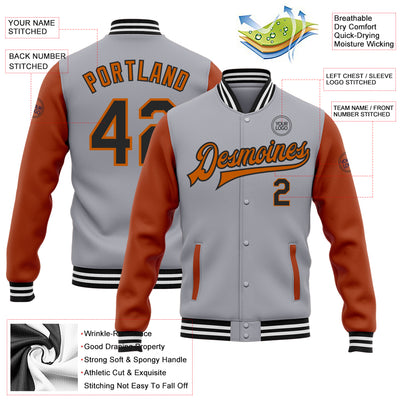 Custom Gray Black-Texas Orange Bomber Full-Snap Varsity Letterman Two Tone Jacket