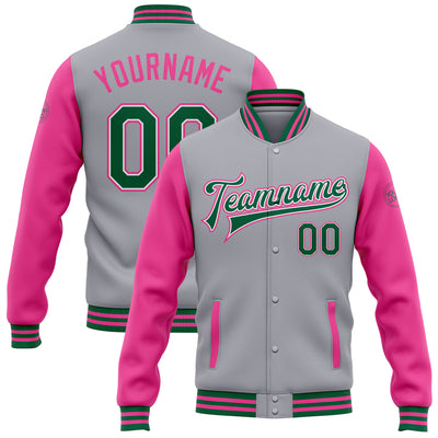 Custom Gray Kelly Green White-Pink Bomber Full-Snap Varsity Letterman Two Tone Jacket