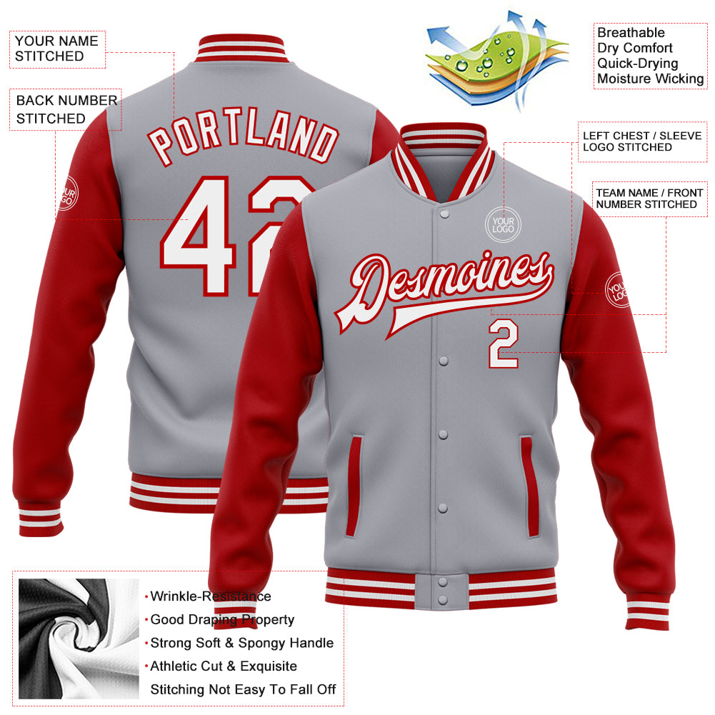 Custom Gray White-Red Bomber Full-Snap Varsity Letterman Two Tone Jacket