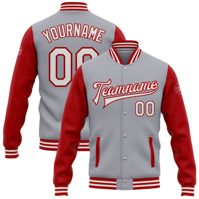 Custom Gray White-Red Bomber Full-Snap Varsity Letterman Two Tone Jacket