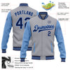 Custom Gray Navy-Light Blue Bomber Full-Snap Varsity Letterman Two Tone Jacket