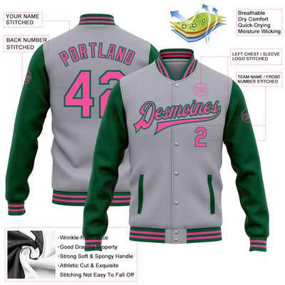 Custom Gray Pink-Kelly Green Bomber Full-Snap Varsity Letterman Two Tone Jacket