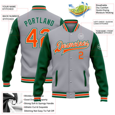 Custom Gray Orange-Kelly Green Bomber Full-Snap Varsity Letterman Two Tone Jacket