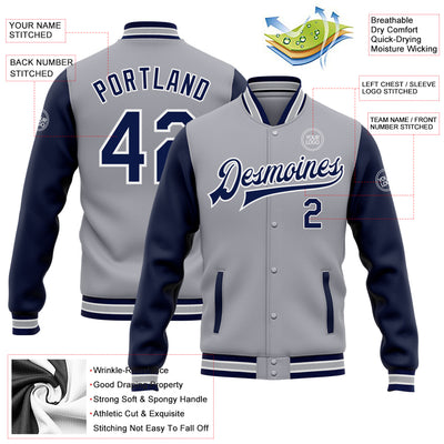 Custom Gray Navy-White Bomber Full-Snap Varsity Letterman Two Tone Jacket