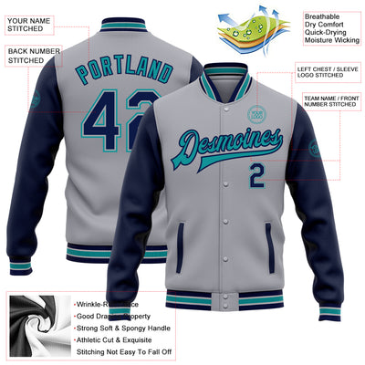 Custom Gray Navy-Teal Bomber Full-Snap Varsity Letterman Two Tone Jacket