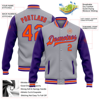 Custom Gray Orange-Purple Bomber Full-Snap Varsity Letterman Two Tone Jacket