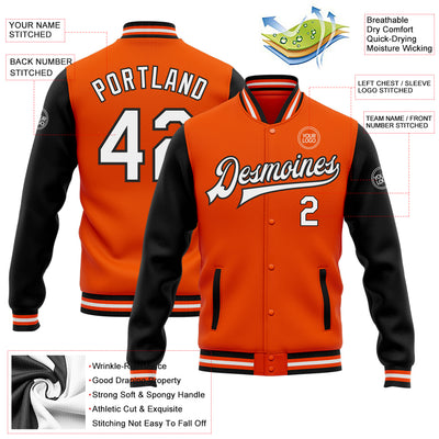 Custom Orange White-Black Bomber Full-Snap Varsity Letterman Two Tone Jacket