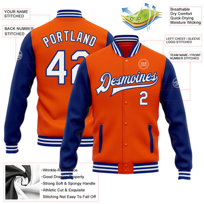 Custom Orange White-Royal Bomber Full-Snap Varsity Letterman Two Tone Jacket