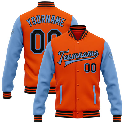 Custom Orange Black-Light Blue Bomber Full-Snap Varsity Letterman Two Tone Jacket