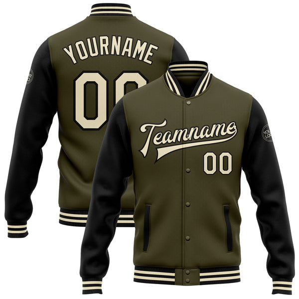 Custom Olive Vintage Mexican Flag Cream-Black Bomber Full-Snap Varsity Letterman Salute to Service Jacket Men's Size:XL