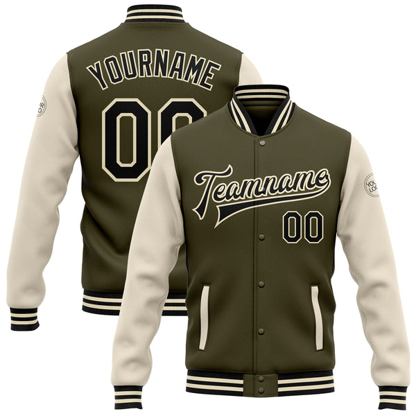 Custom Two Tone Jacket Olive Black-Cream Bomber Full-Snap Varsity