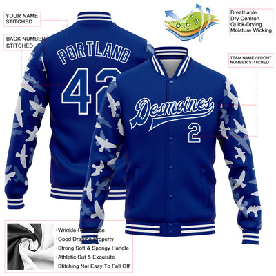 Custom Royal White Flying Bird Sleeves 3D Pattern Design Bomber Full-Snap Varsity Letterman Jacket