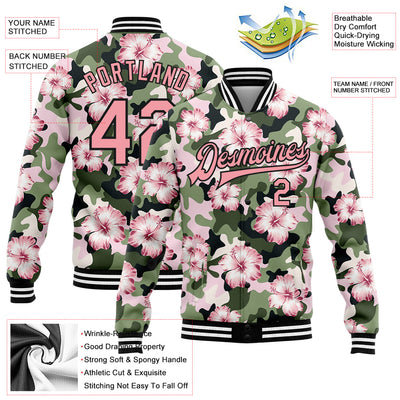 Custom Camo Pink-Black Hibiscus Flower 3D Pattern Design Bomber Full-Snap Varsity Letterman Salute To Service Jacket