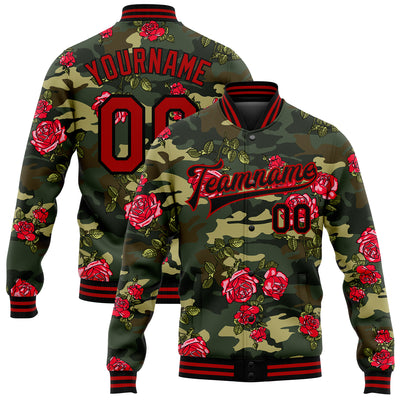 Custom Camo Red-Black Rose 3D Pattern Design Bomber Full-Snap Varsity Letterman Salute To Service Jacket