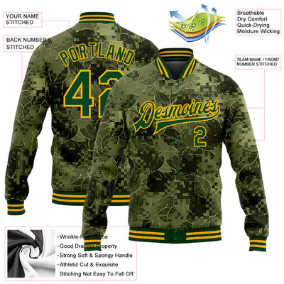 Custom Camo Green-Gold Leaves 3D Pattern Design Bomber Full-Snap Varsity Letterman Salute To Service Jacket