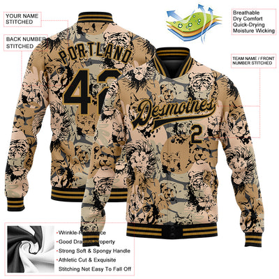 Custom Camo Black-Old Gold Lion And Tiger 3D Pattern Design Bomber Full-Snap Varsity Letterman Salute To Service Jacket