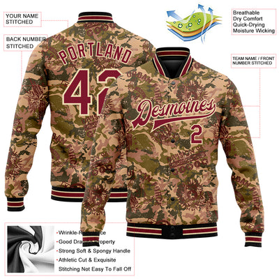 Custom Camo Crimson City Cream-Black Military Badge 3D Pattern Design Bomber Full-Snap Varsity Letterman Salute To Service Jacket