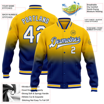 Custom Yellow White-Royal Bomber Full-Snap Varsity Letterman Fade Fashion Jacket